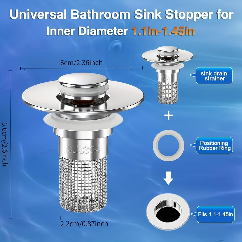 2er-Pack Edelstahl Pop-Up Spülbecken-Abflussfilter, Abnehmbarer Haarfänger für Badewanne Dusche, Verstopfungsfrei Leicht zu Reinigen, Badezimmer