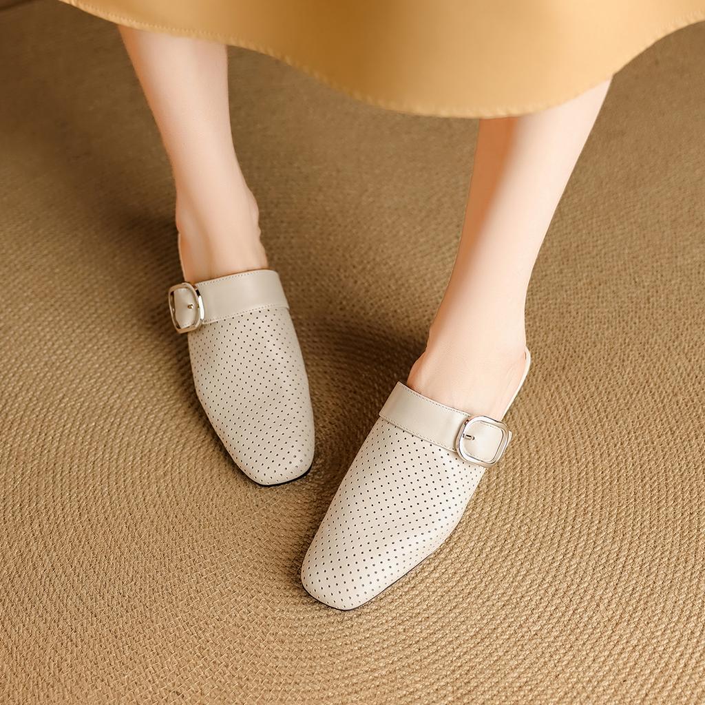 Fashion 2025 New Summer Women Mules Genuine Leather Women Shoes Square Toe Chunky Heel Shoes Cover Toe Slingback Sandals Weave Slippers