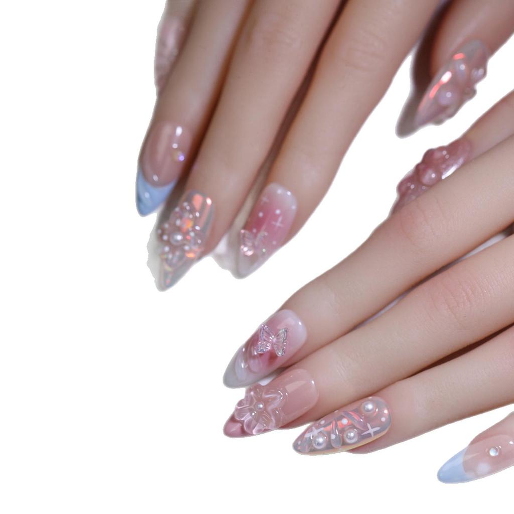 3D Carved Almond Wearable Nails - Handmade Exquisite Summer Nail Art