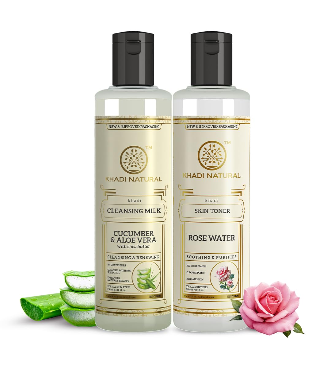 Khadi Natural Cucumber Aloe Vera Cleansing Milk & Rose Water Toner Herbal Skincare Duo 210ml X  Pack of 2