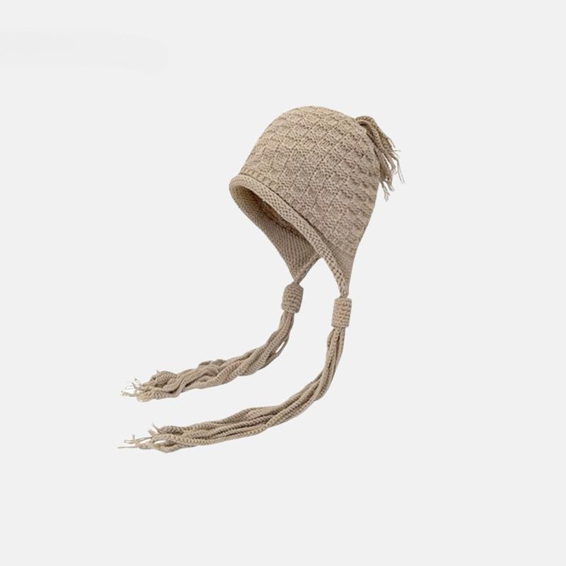 Autumn and Winter Sweet Knitted Hat with Long Tassels Windproof Ear Protection Hat Keep Warm Women Bucket Cap