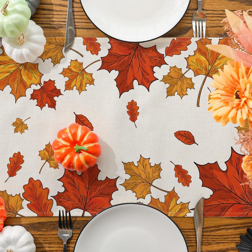 Fall Harvest Maple Leaf Linen Table Runner Holiday Party Decor Reusable Farmhouse Kitchen Dining Table Runner Autumn Decorations