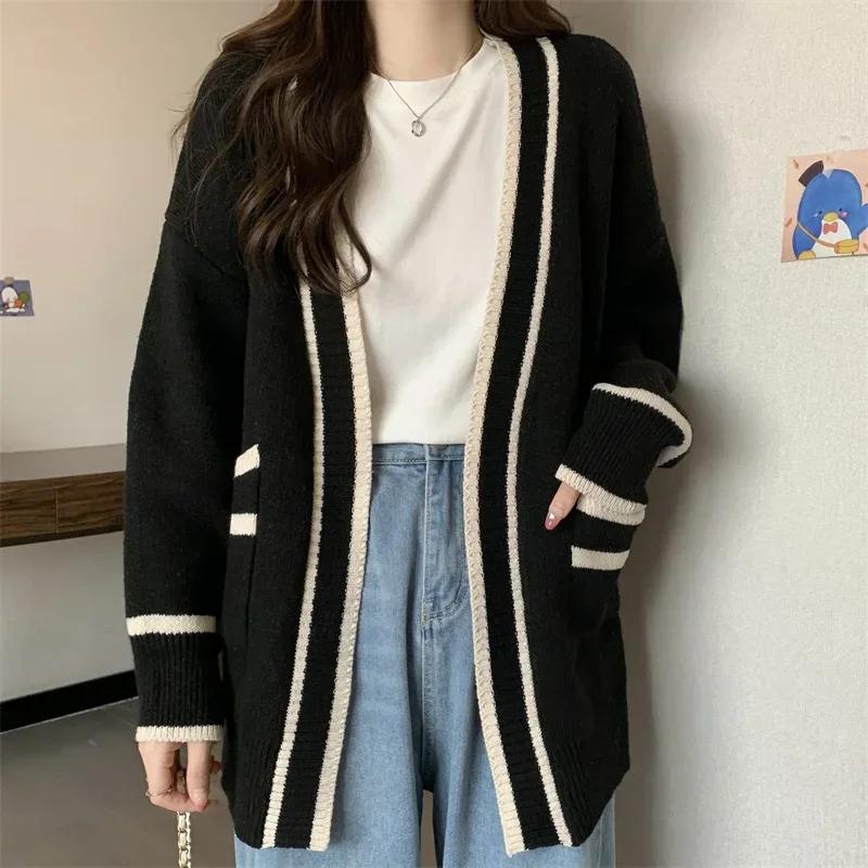 Striped Edge Knitted Cardigan Varsity Cardigan Long Sleeve V-Neck Open-Front Sweaters Knit Jacket for Women Preppy Style