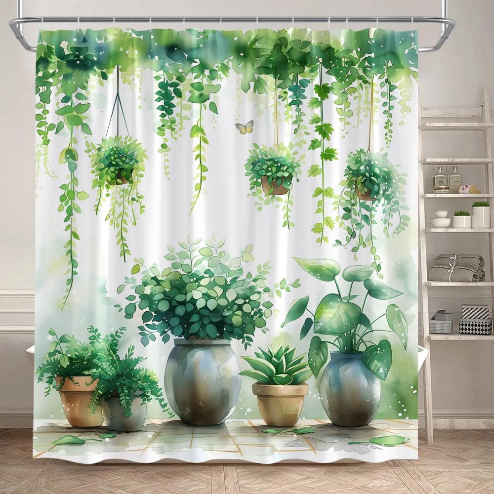 Green Plant Shower Curtains Watercolour Vine Leaves Butterfly Potted Plants Modern Polyester Fabric Home Bathroom Curtain Decor