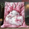 White Bunny With Pink Bow Printed Blanket Soft Warm Lightweight for Travel Camping Home Office Use