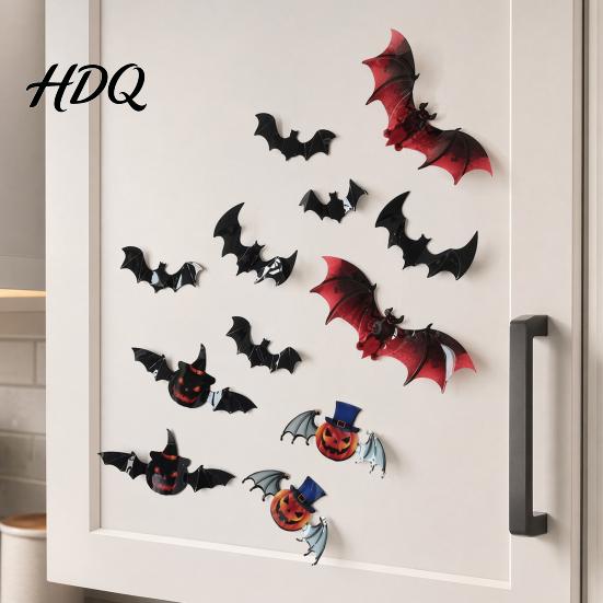 Reusable Halloween Stickers 12Pcs Bats Wall Decals 3D Bat for Home Decor Bright Color Pumpkin Decal 4 Size Waterproof Black Spooky Bedroom