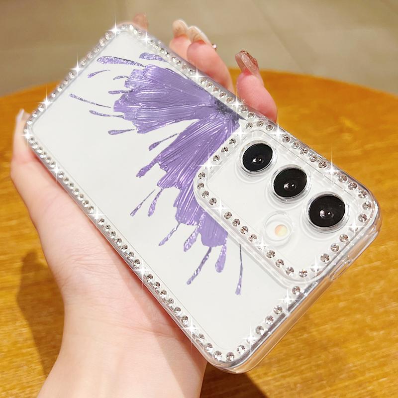 Diamond Frame Soft Silicone Shockproof Case For Samsung S25 Ultra S24 FE S23 S22 A16 A56 A36 A15 A55 A35 Butterfly Print Clear Phone Cover