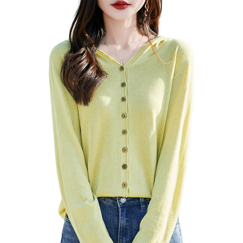 Tencel Linen Hooded Knit Cardigan - Women's Long Sleeve Solid Color Loose Fit Top