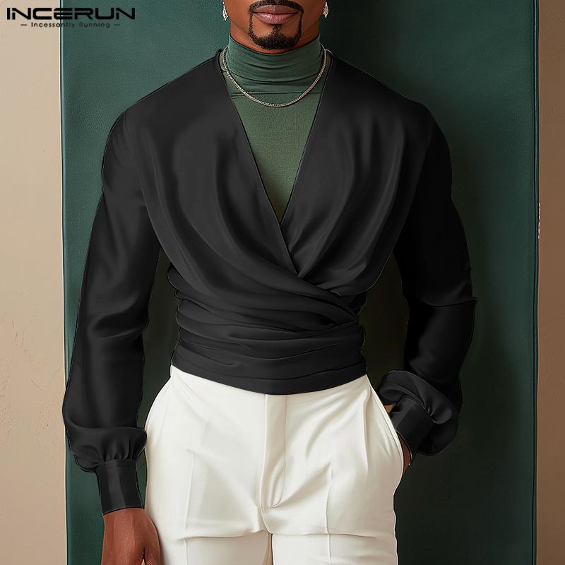 INCERUN Herren Deep V-Ausschnitt Vorne gekreuzt Einfarbig Bandage 70er Jahre Retro Tops Partyhemden