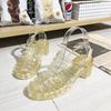 Fashion Korean Jelly Women's Sandals Summer Students Transparent Crystal Plastic High Heels Roman Anti Slip Baotou Beach Hole Shoe Women