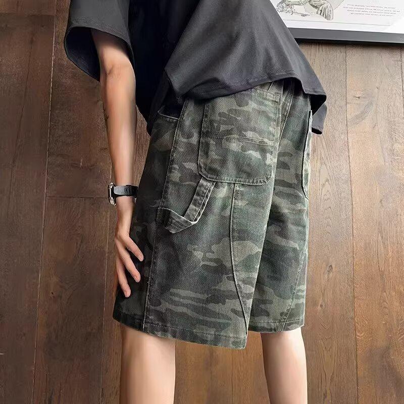Camouflage Shorts Men s Casual Pants Summer Washed Denim Pants Retro Five-point Pants Print Denim Shorts Elastic Drawstring Waist Casual Shorts S
