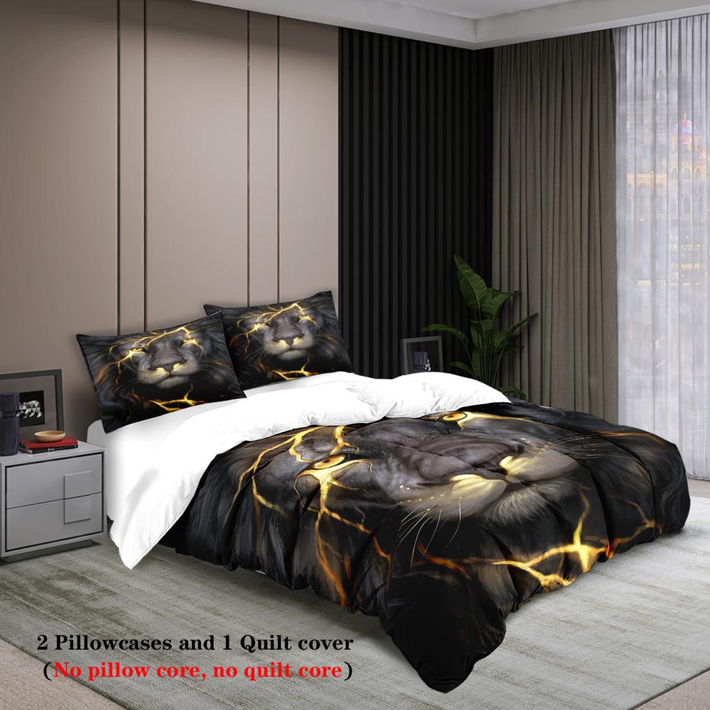Animal Duvet Cover Set Queen Size Polyester Lightning Lion Pattern Duvet Cover Grey Black Soft Bedding Set for Teen Boys Man