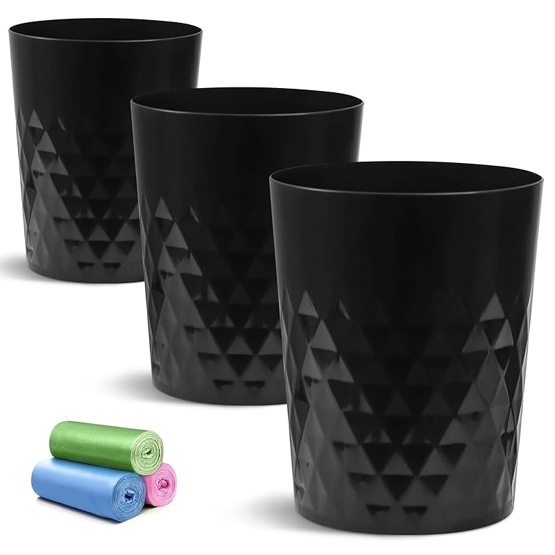 YGJT Small Trash Can, 3 Pack 1.8 Gallons Bathroom Trash Can, Slim Waste Basket, Round Garbage Can, Plastic Trash Bin for Kitchen, Dorm, Bedroom, Black Diamond