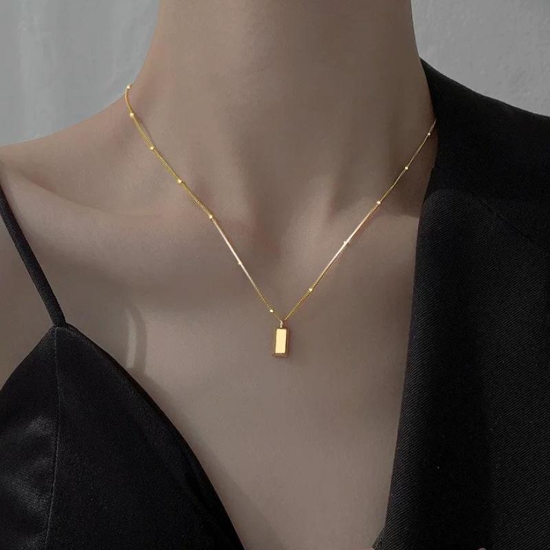 S925 Sterlingové stříbro Zlatá cihla Přívěsek Náhrdelník pro ženy Minimalistický Chic Řetízek 41cm 50cm