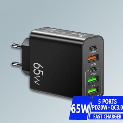 PD 20W USB Fast Charger 5Ports Total 65W USB C Charger Quick Charge 3.0Phone Adapter For iPhone15Pro Samsung Xiaomi Wall Charger