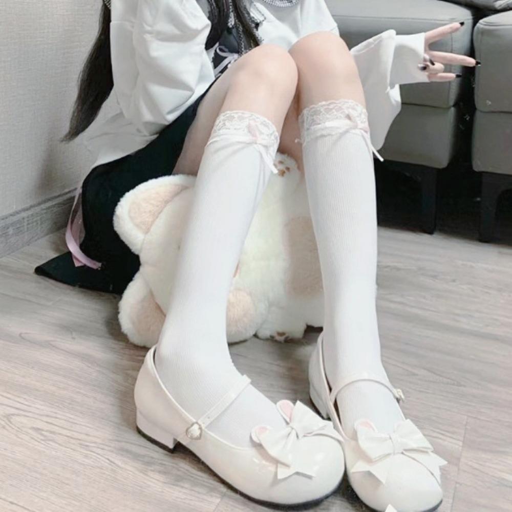 Lolita Pure Desire Summer JK Bow Velvet Ballet Stacking Socks Medium Tube Socks Lace Calf Socks