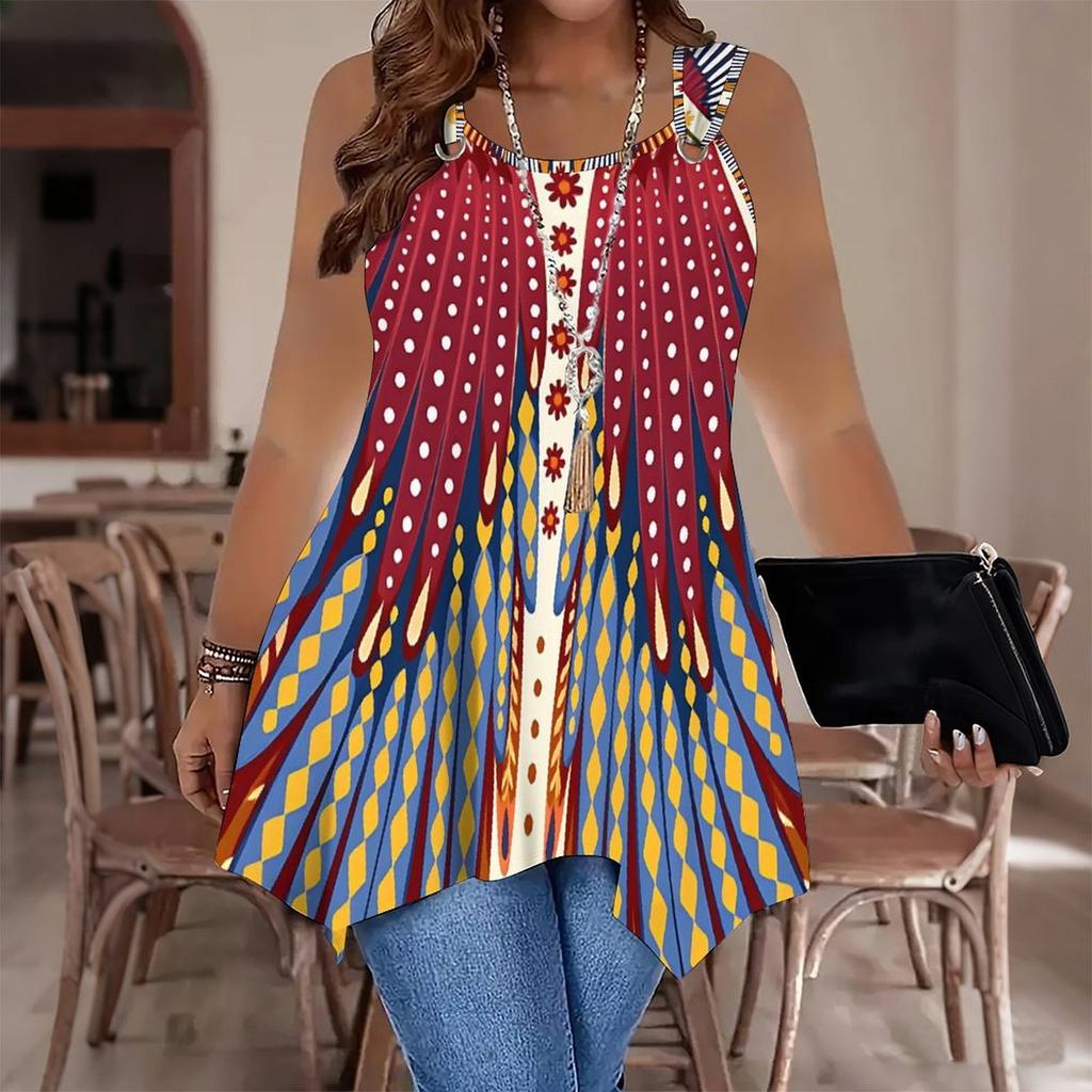 Modische lässige Sport-Doppelring-Weste für Damen, Große Tank-Weste mit Retro-Druckmustern, Unregelmäßiger Saum, Elegant und Schlicht