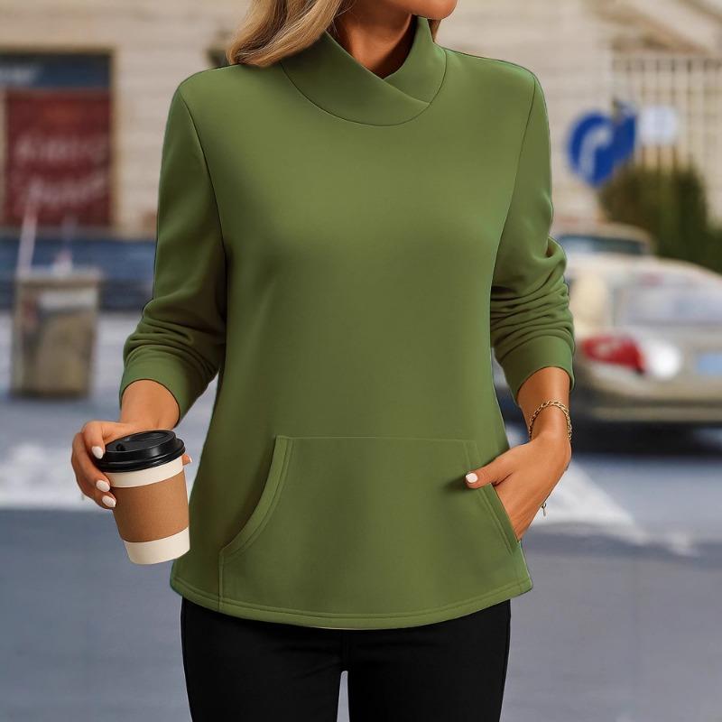 2025 New Women's Spliced Casual Stand Collar Long Sleeve Pullover Fashion Solid Color Pocket Loose Sweatshirt