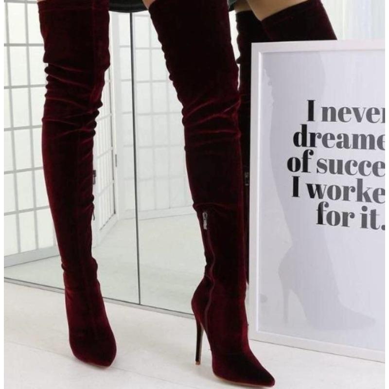 Fashion Velvet Long Boots for Women New Spring Autumn Over Knee Shoes Lady Pointed Toe Stiletto Heel Plus Size 34-43 Elastic Thigh Boots