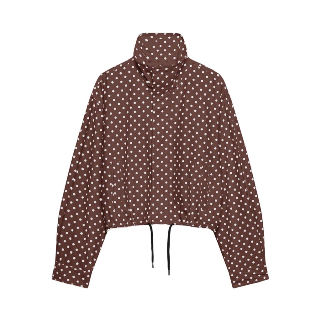 Chaqueta Ligera de Mujer con Cuello Alto, Lunares, Mangas Abullonadas, Dobladillo con Cordón, Ropa Exterior Casual