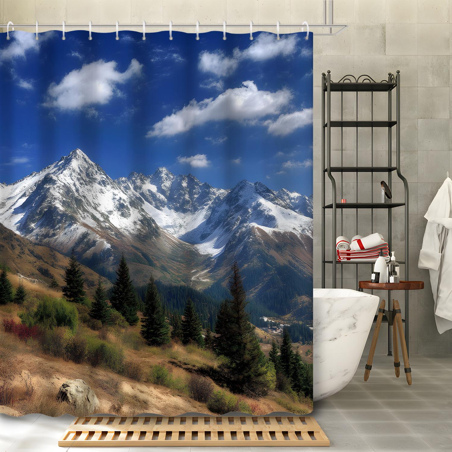 1pc Mountain River Pine Forest Shower Curtain - Durable Polyester Bathroom Decor with Hooks, High Quality Artistic Nature Scene 90x180cm35x71in