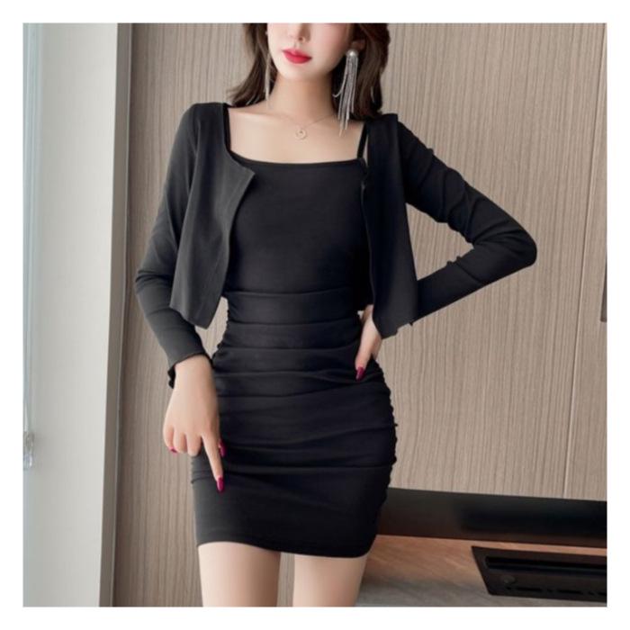Feminine Pleated Spaghetti Strap Bodycon Dress: Women s Two-Piece Set Large