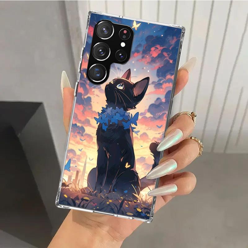 

Милый аниме-черный кот Мяу Чехол для телефона Samsung Galaxy S26 S24 S23 Ultra S25 Edge S22 S21 Plus S20 FE + Мягкий чехол с принтом Funda Samsung S23 FE