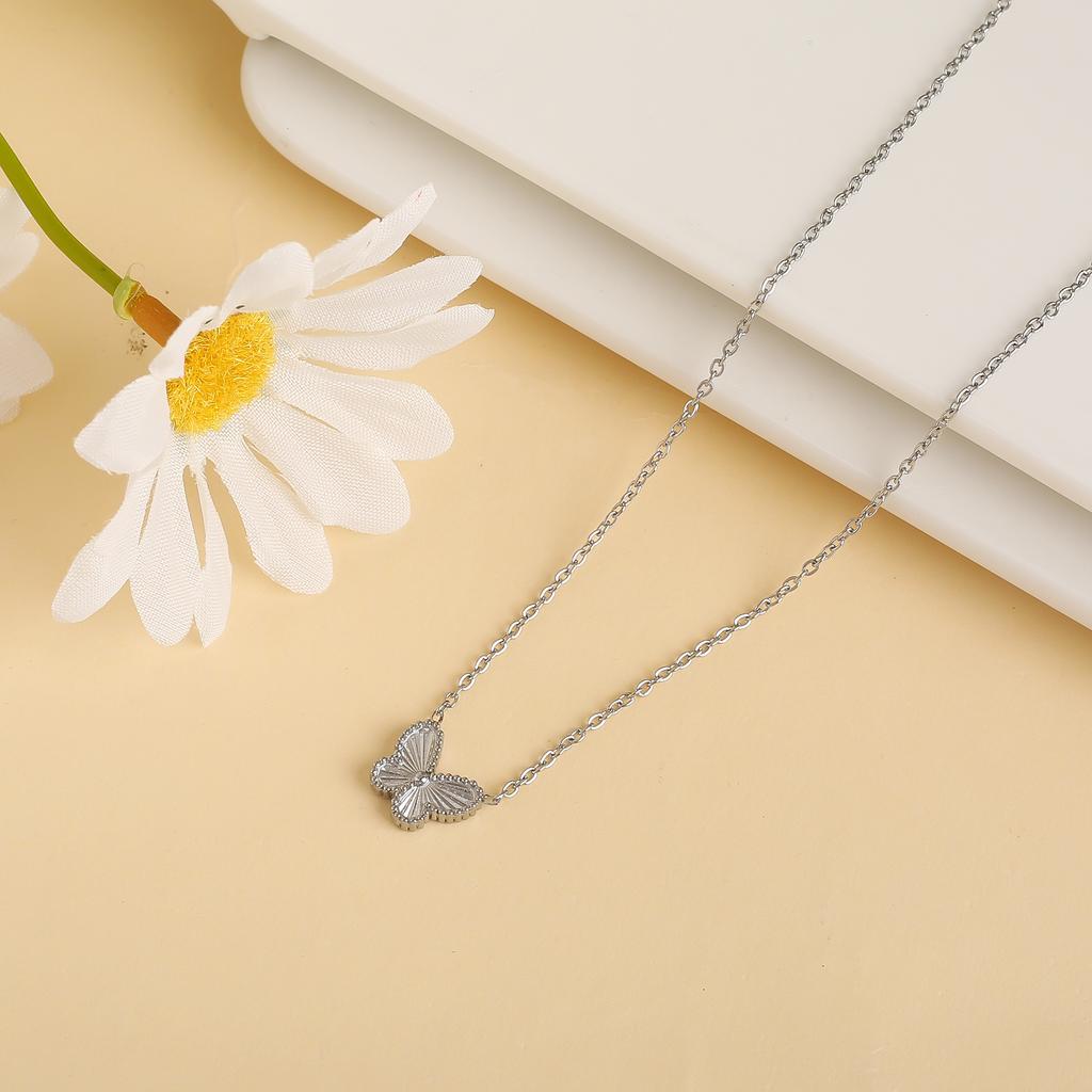 New High Quality Stainless Steel Laser Butterfly Zircon Set Bracelet Necklace Earrings Luxury Women's Party Zircon Clover