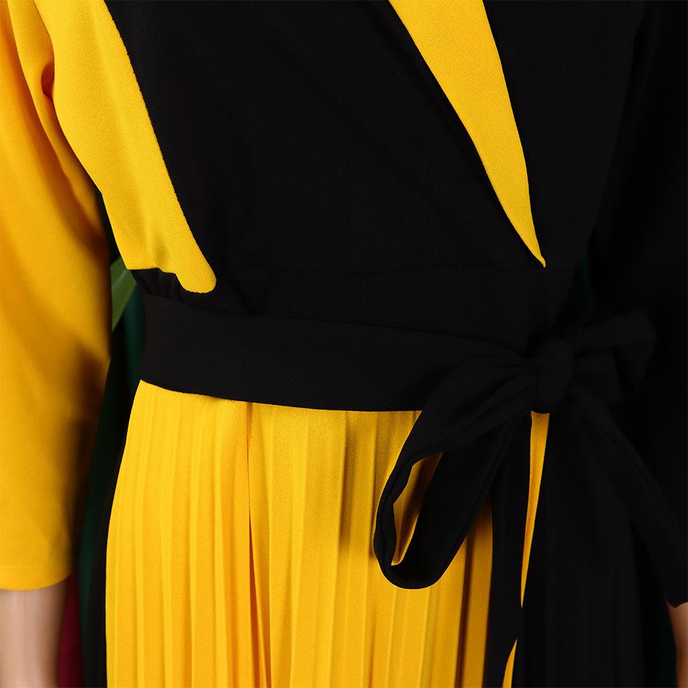 Large Size Women Fashion Patchwork Long Sleeves Dress Ladies Elegant One Piece Bandage Pleated Dress