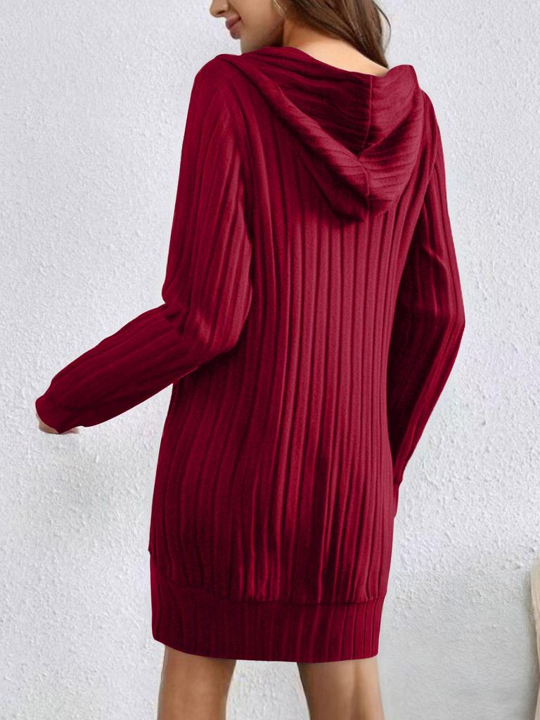 2025 Autumn/Winter Knit Hooded Ribbed Pocket Long Sleeve Dress for Women