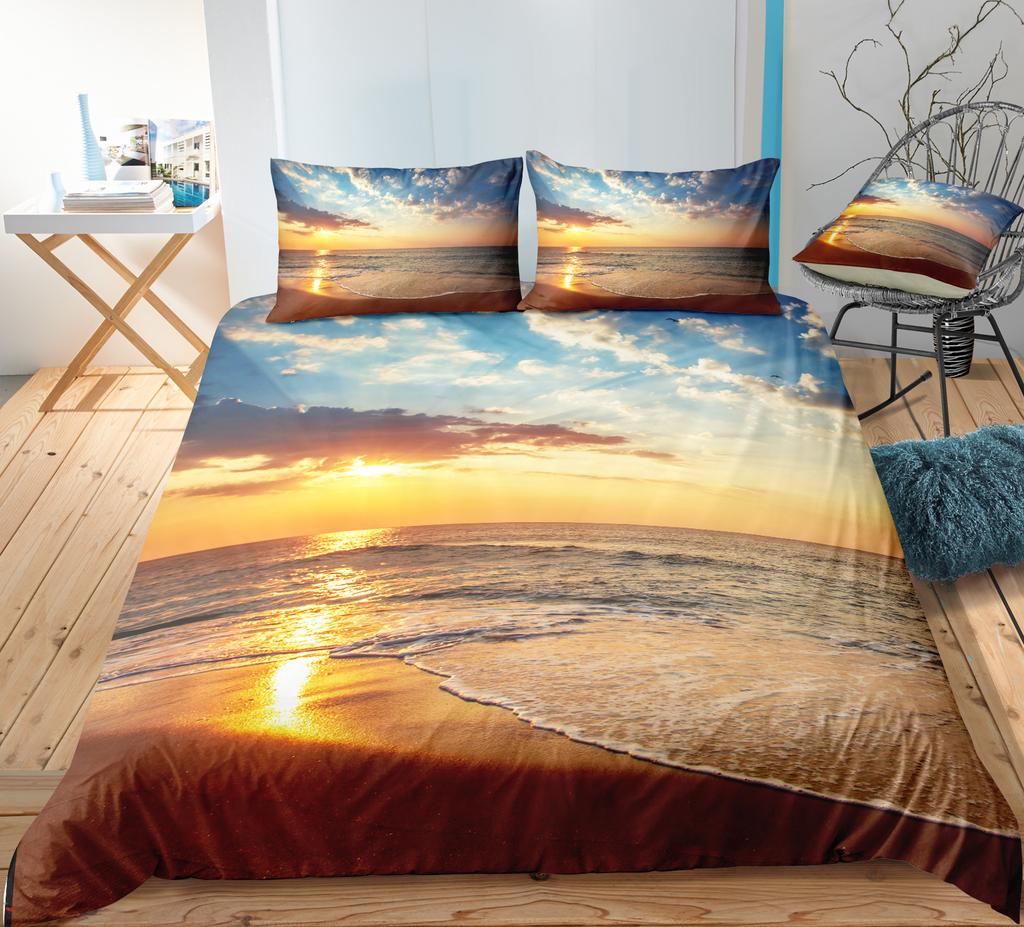 3D Ocean Print Bedding Single Double Bed Full Size Pillowcase and Quilt Cover 2 or 3 Landscape Patterns Washable and Comfortable Home Decoration