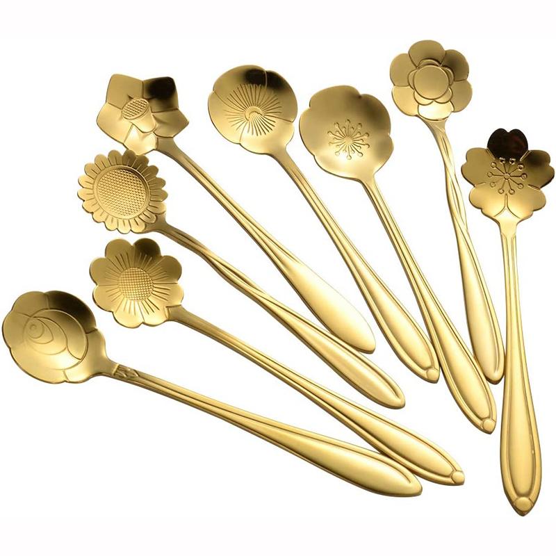 

8Pcs Coffee Spoons Cute Flower Stainless Steel Spoon Set Gold Small Teaspoon Mixing Stirring Scoops Min Ice Cream Dessert Spoon Random Flower Shape