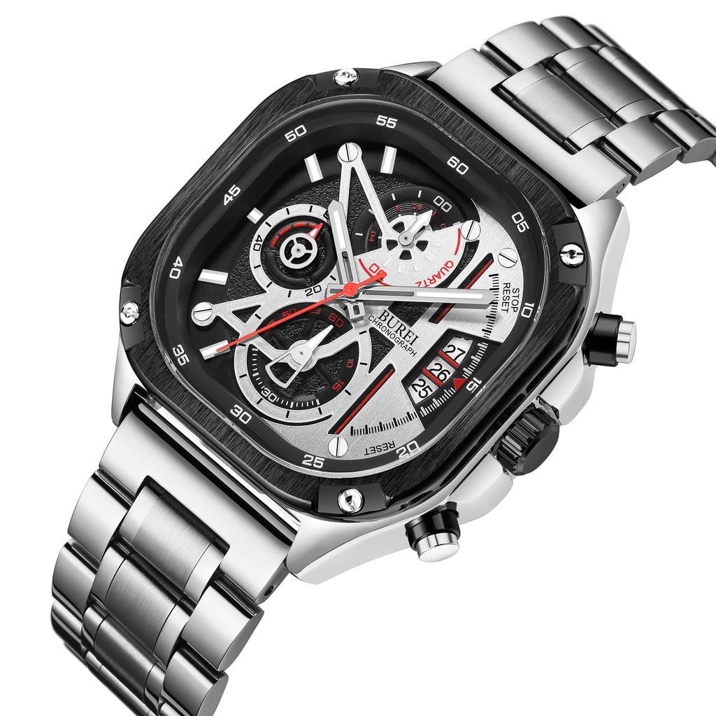 BUREI Men's Rectangular Face Chronograph Quartz Watch, Analog, Waterproof, Date Display, Stainless Steel, Silver, Gift for Men