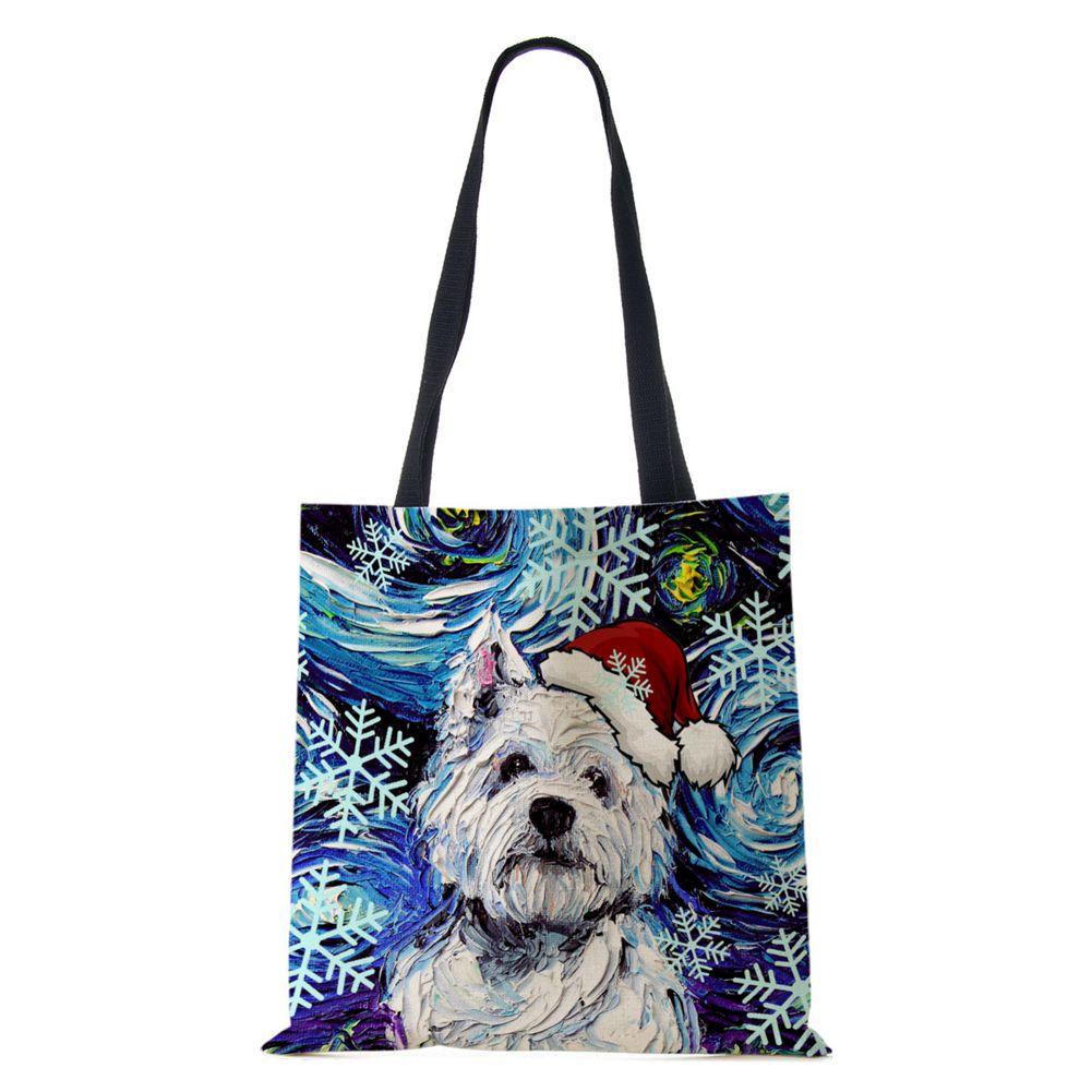 Christmas Dog Canvas Shopper Tote Bag Utskrift Harajuku Kvinner Gjenbrukbar skulderveske 2022 Casual Stor kapasitet sammenleggbar håndveske