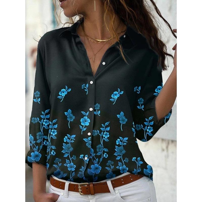 Women Long Sleeve Shirt 3d Flower Print Loose Fit Turn Down Collar