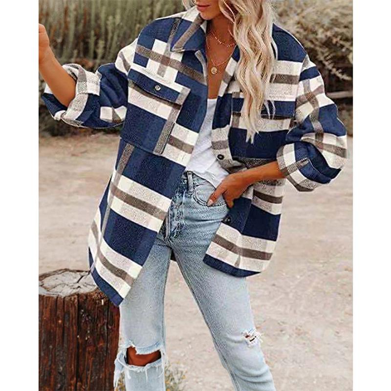 

Autumn Winter European and American Women s Wear Autumn/Winter Long Sleeve Polo Collar Loose Plaid Thickened Woolen Coat 3XL синій