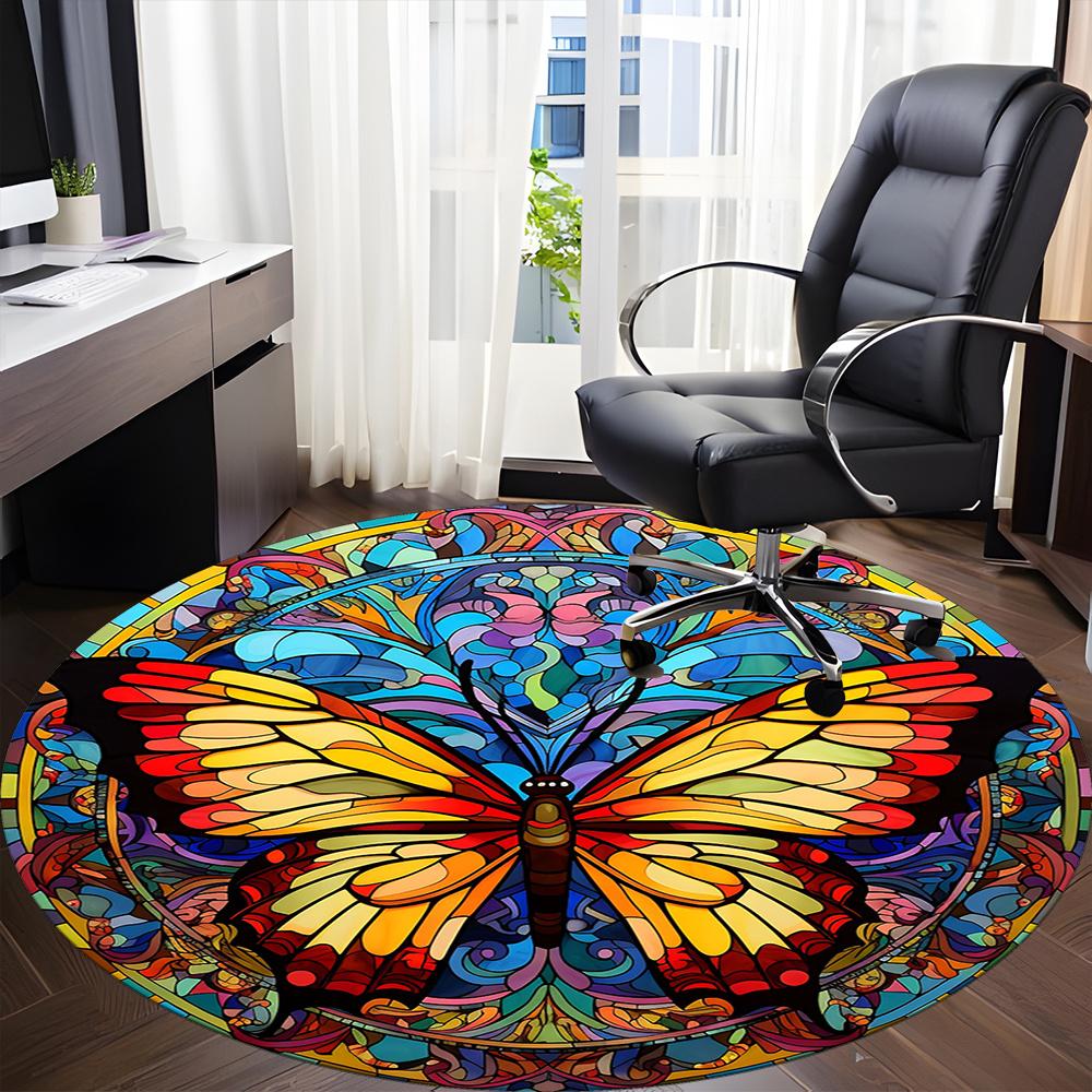 1pc Butterfly StainedGlass Office Round Area Rug, Indoor Mat Suitable ForOffice, Under Office Chairs Bedroom Living Room Home Decor, Room Decot022