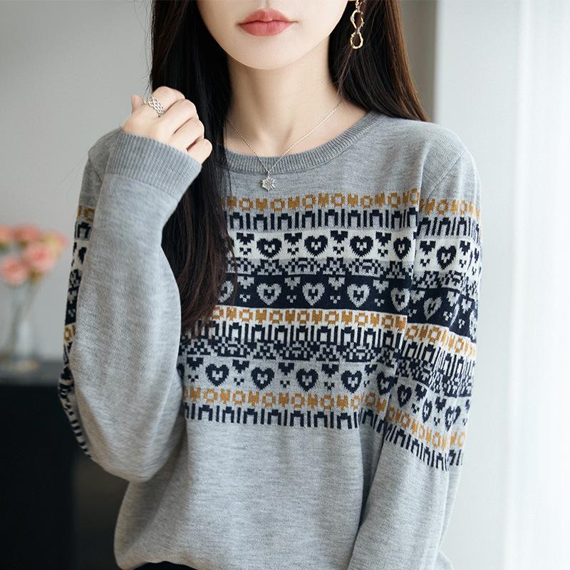 

Women s Jacquard Color Block Striped Long Sleeve Knit Sweater - Autumn/Winter Round Neck Fashionable Base Shirt XL