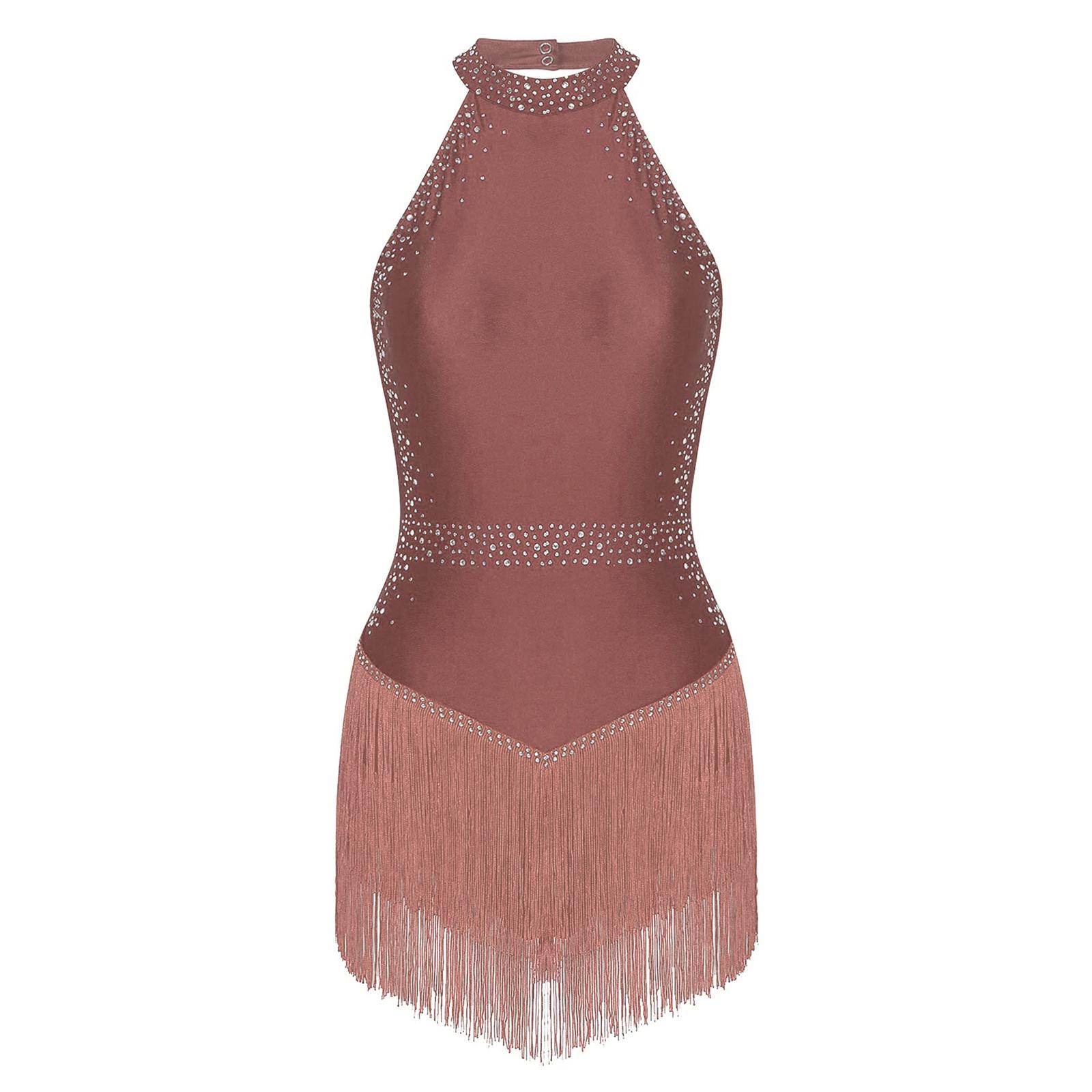 

Жіночий купальник-боді з вирізом на шиї без рукавів, блискучими стразами, бахромою-китицями, відкритою спиною, для бальних танців, латини S коричневий