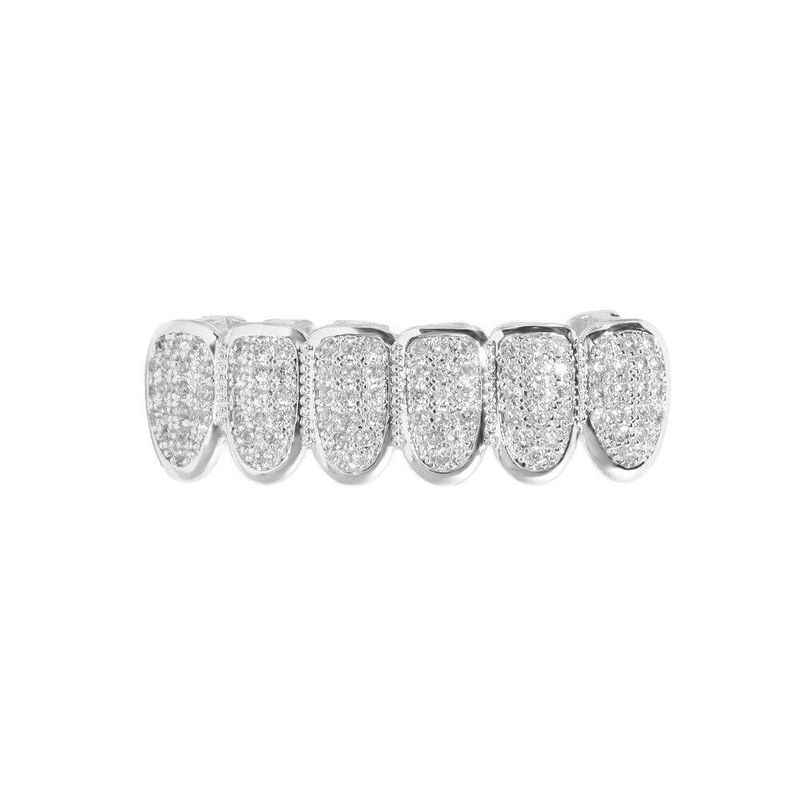 European and American New Style Hip-Hop Real Gold Electroplated 18K Micro-Inlaid Zircon Braces Hip-Hop Grillz Full Diamond Gold Braces Silver Lower Teeth + Box