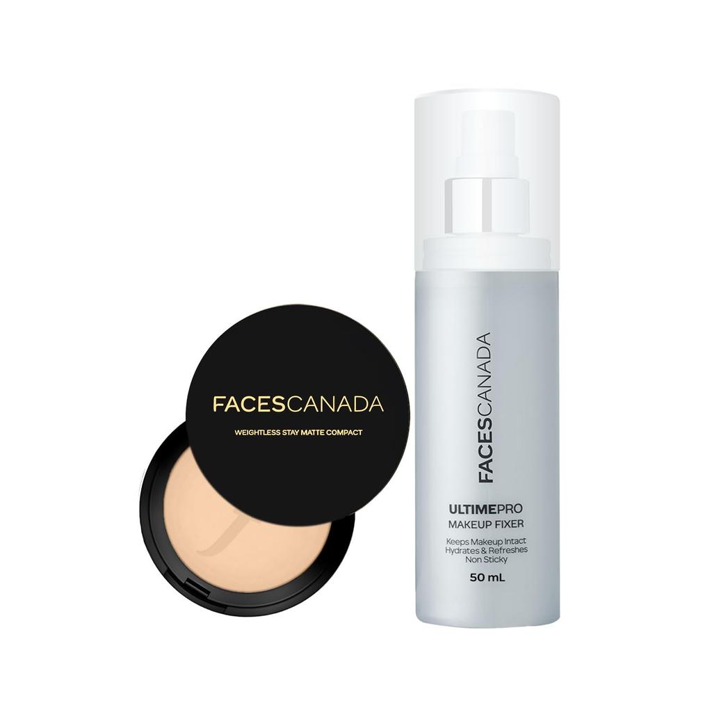 FACES CANADA Lightweight Matte Base Combo - Weightless Stay Matte Compact Powder - Natural 02 (9 gm) + Ultime Pro Makeup Fixer (50 ml) | Long Las