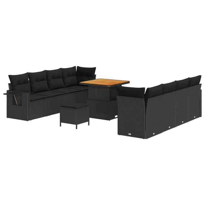 VidaXL Ensemble de Canapés de Jardin de 11 Pièces avec Coussins Noirs en Poly Rattan et Acacia 3363664