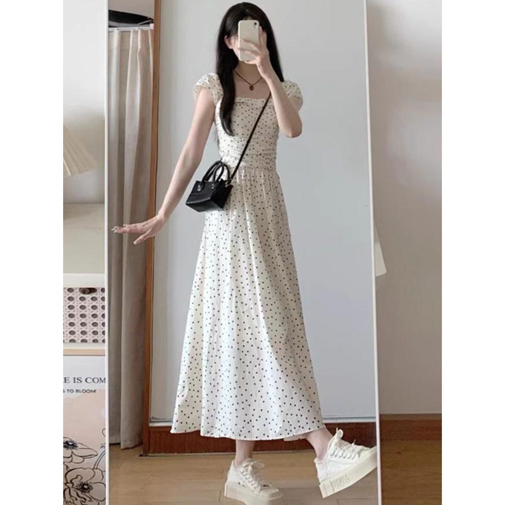 Elegant Polka Dot Puff Sleeve Dress: Slim Waist, Loose A-Line, Korean College Style
