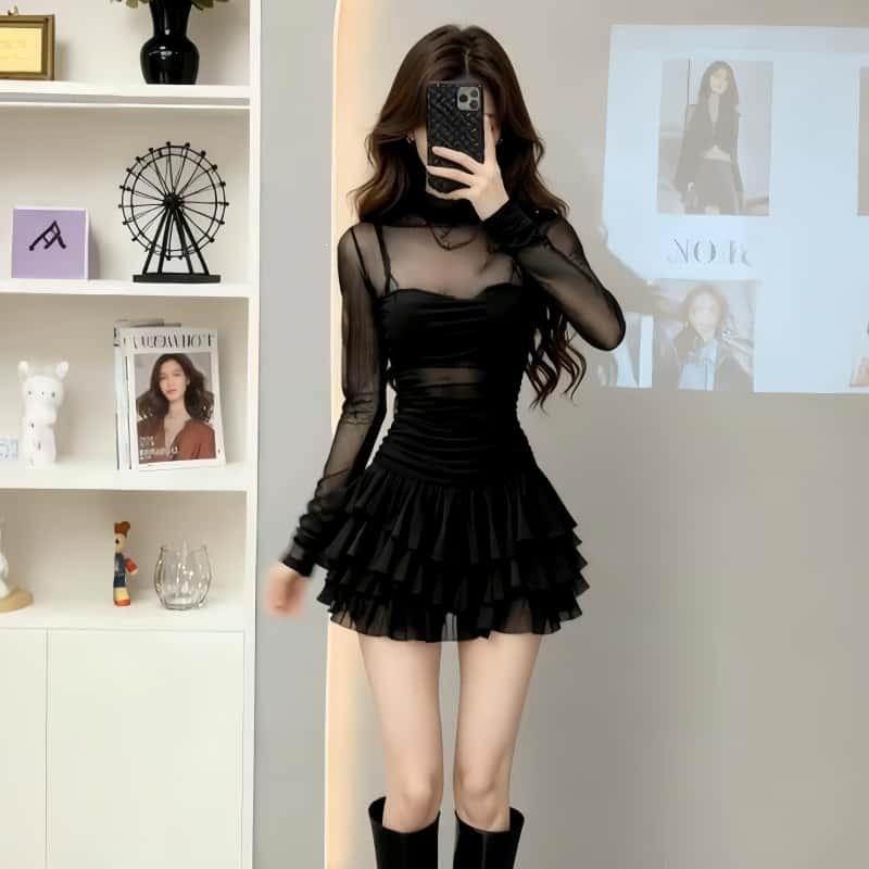 Night Main Store Dress Light Luxury Mesh Splicing Long Sleeve High Sense Cake Dress Skinny Small Sexy Skirt