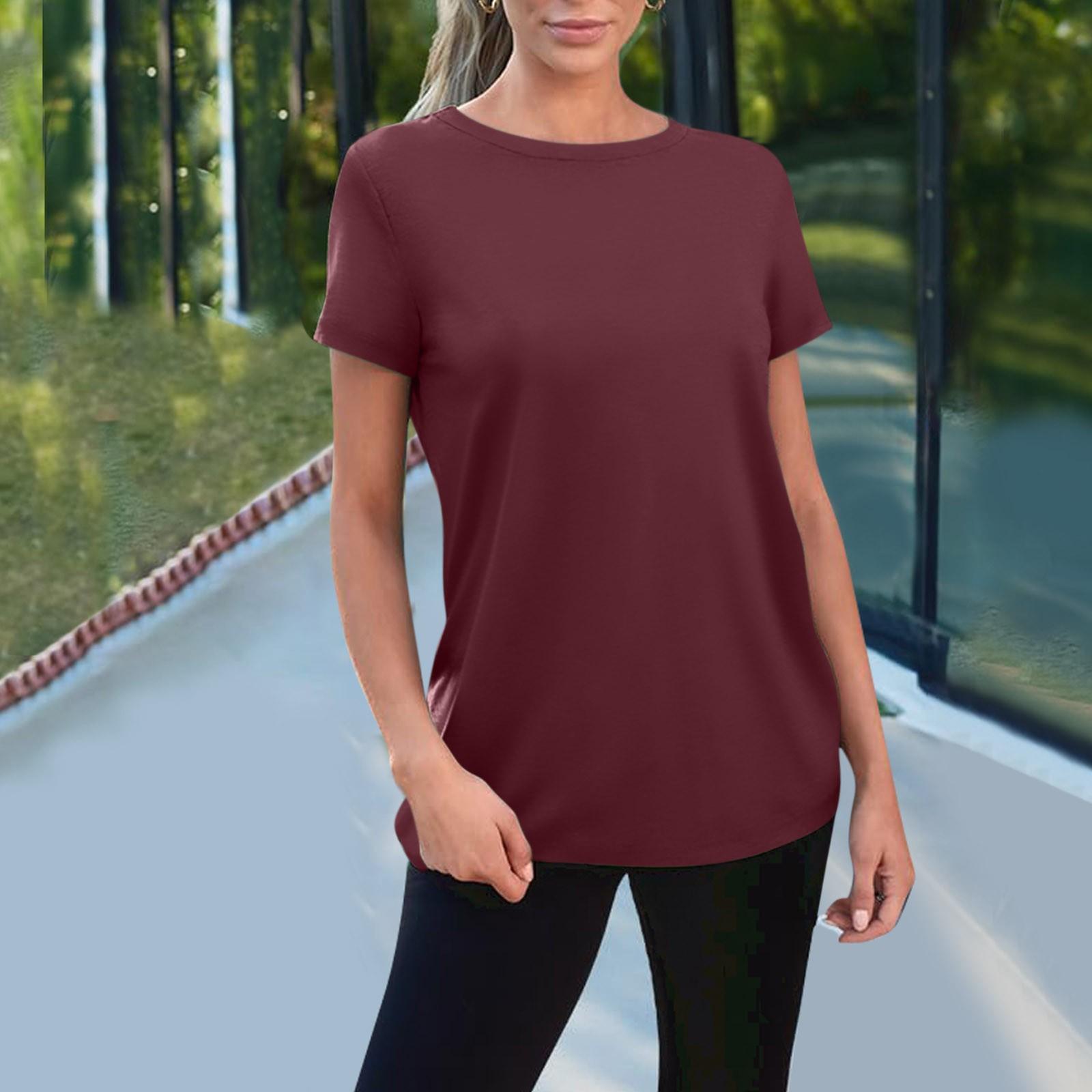 

Женские футболки, базовые футболки с короткими рукавами, модные топы с круглым вырезом, свободный крой, легкий повседневный летний топ XXL винный