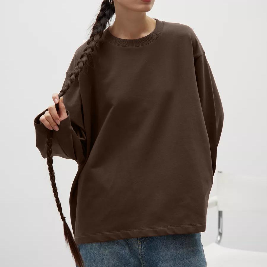 260g Pure Cotton Solid Colour Long Sleeve T-Shirt Women Loose Casual Round Neck Top