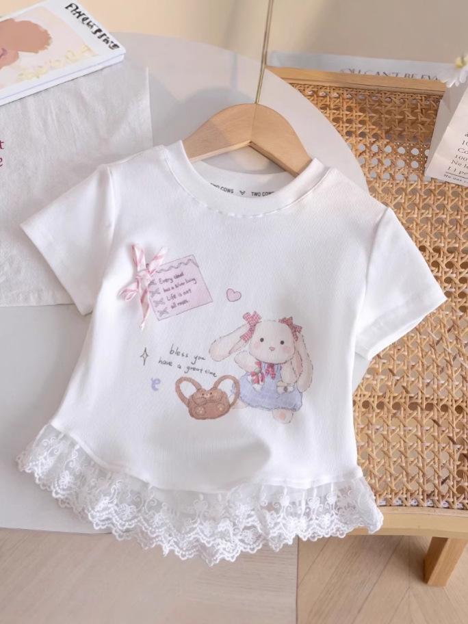 New Kids' Cute Cartoon Lace T-Shirt - Korean Style, Short-Sleeve, Round Neck, Stylish Summer Top