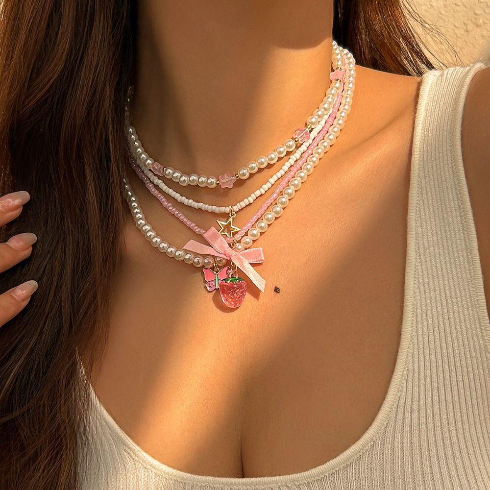 Romantic Multilayer Necklace Strawberry Bowkont Pendant Women Necklace Set  Party