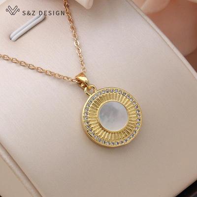 Fashion Micro Wax Inlay Cubic Zirconia Gold Color Round Shell Pendant Necklace For Women Elegant Classic Jewelry