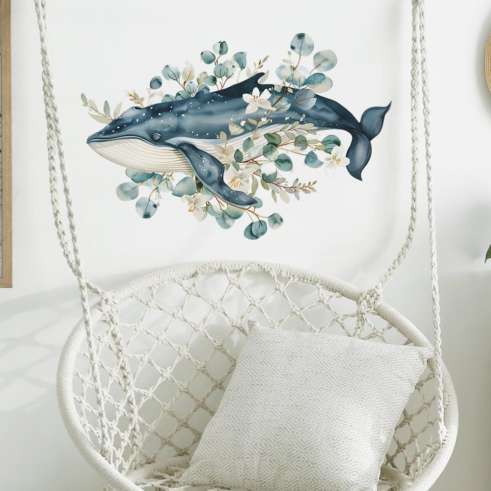 Cartoon Hand-Painted Whale Flower Leaf Wall Sticker Self-Adhesive for Bedroom Living Room Wall Decoration